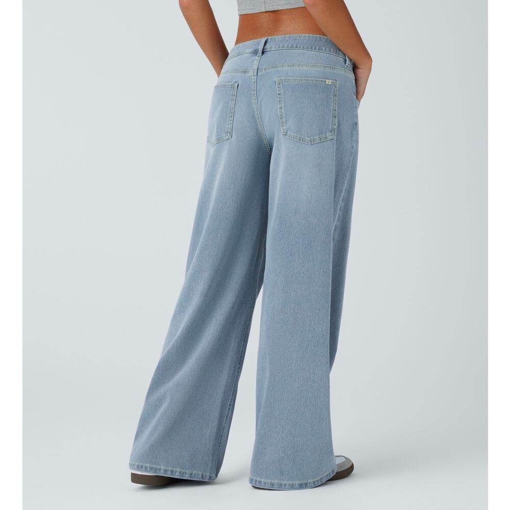 Sz Lg Tall HALARA Light Blue Low-Rise Asymmetric Wide-leg Stretch Pocket Jeans - Picture 2 of 7